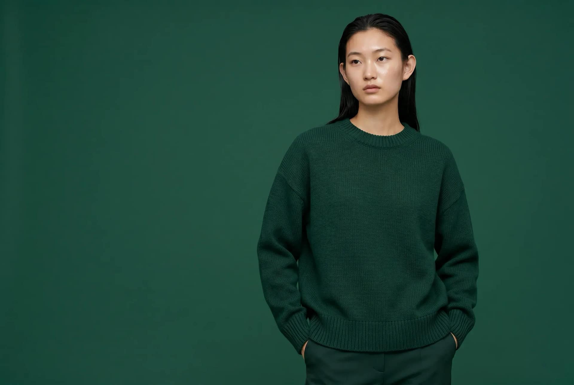 Model in a dark green crewneck sweater on a green backdrop.
