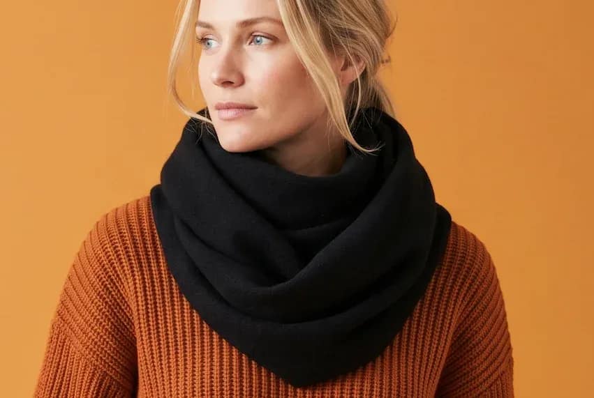 Female model wearing a colourful knit sweater in a colourful background